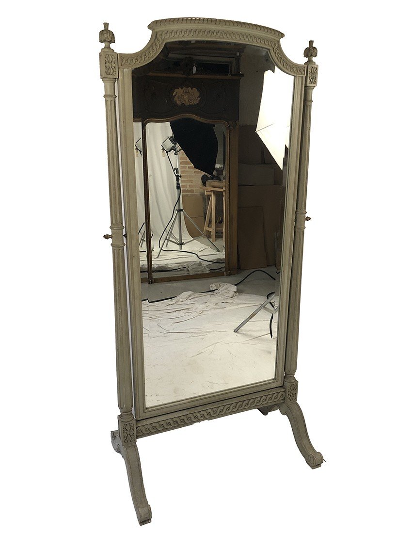 Large Louis XVI Style Psyche Mirror In Gray Lacquered Wood, Circa 1900-photo-3