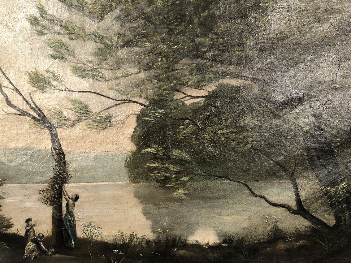 D’après Jean-baptiste Camille Corot “souvenir De Mortefontaine”, Huile Sur Toile Début XXe-photo-3