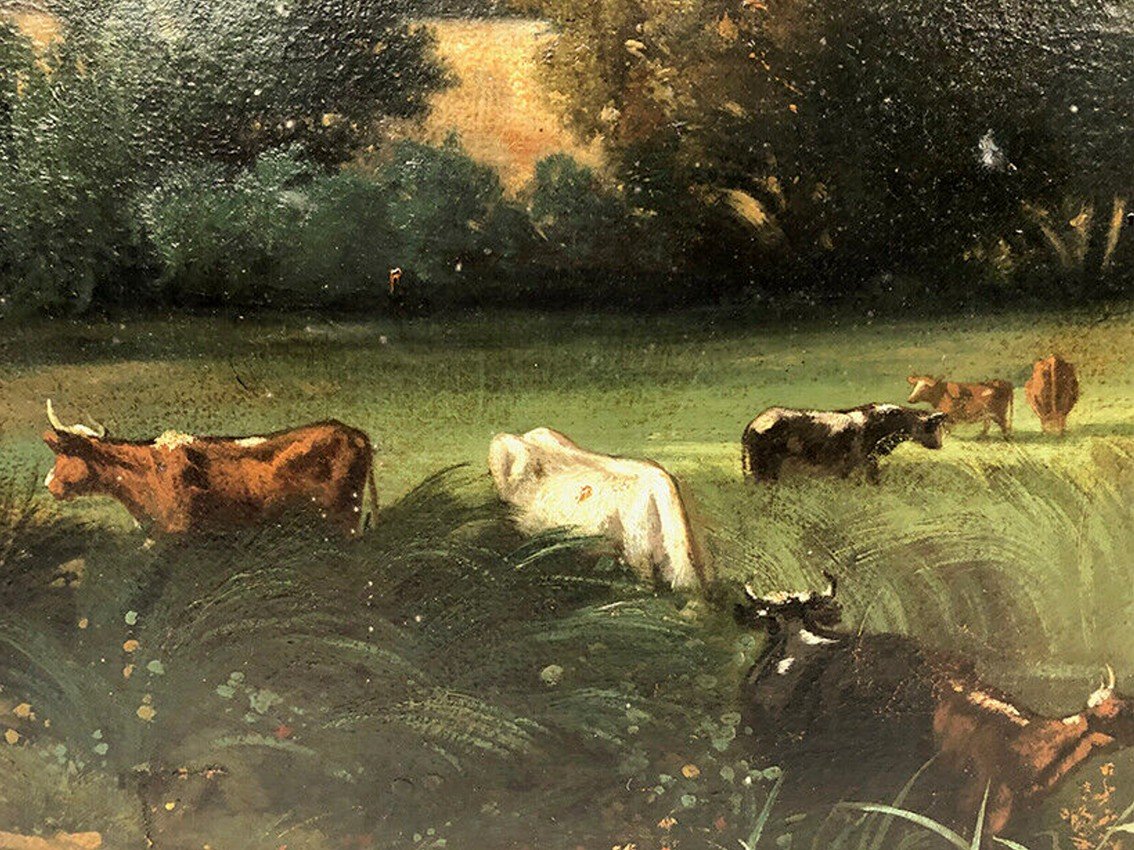 French School. Very Large Oil On Canvas 19th Century, Animated Landscape Of Cows-photo-3