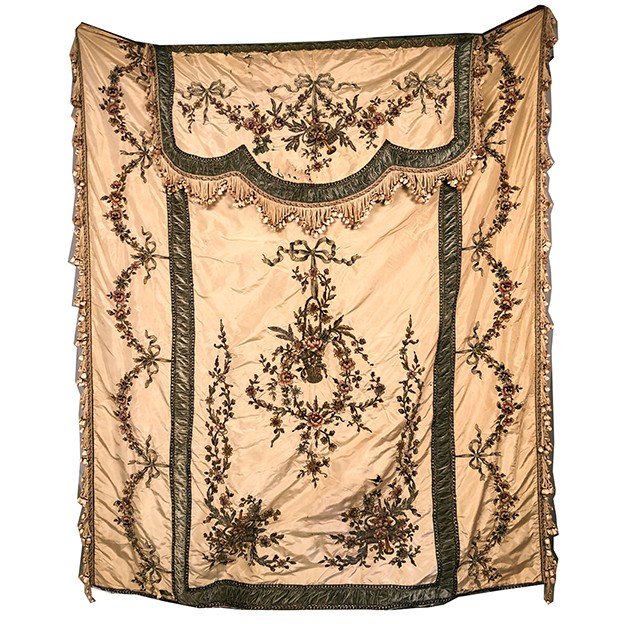 Bedspread Converted Into Silk Portiere With Rich Cannetille Embroidered Decor, 19th Century