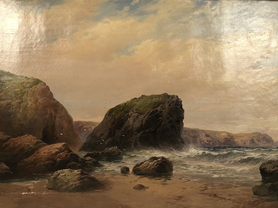 George Henry Jenkins (1843-1914). The Shore, Very Large Oil On Framed Canvas-photo-2