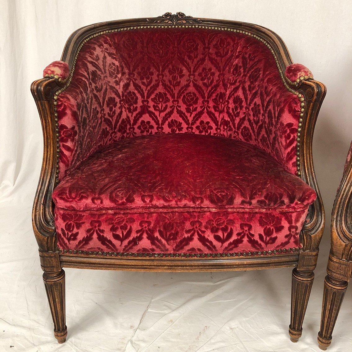 Pair Of Transitional Period Bergeres, Trimmed With Burgundy Velvet-photo-4