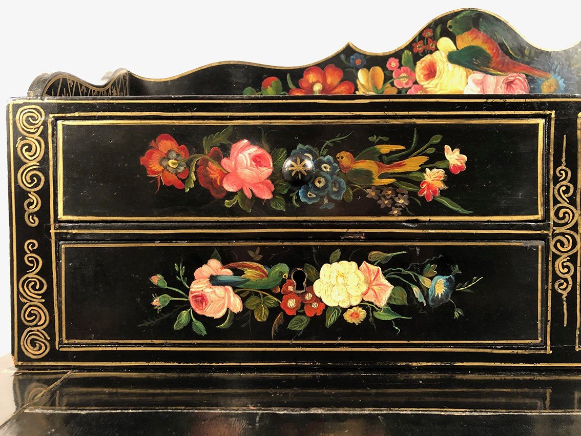 Bonheur Du Jour En Bois Laqué Noir à Riches Décors Peints De Fleurs Et D’oiseaux, Napoléon III-photo-2