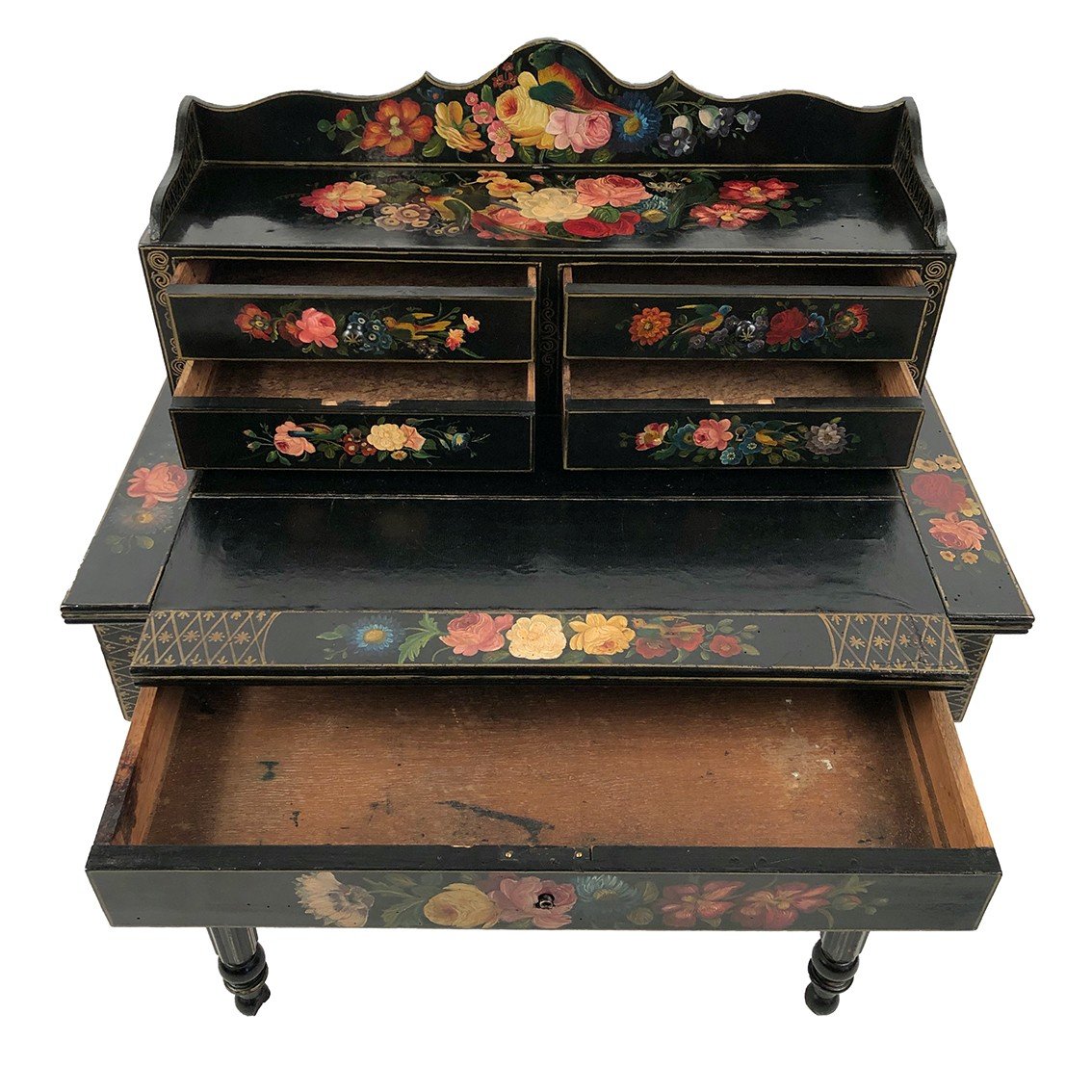 Bonheur Du Jour En Bois Laqué Noir à Riches Décors Peints De Fleurs Et D’oiseaux, Napoléon III-photo-2