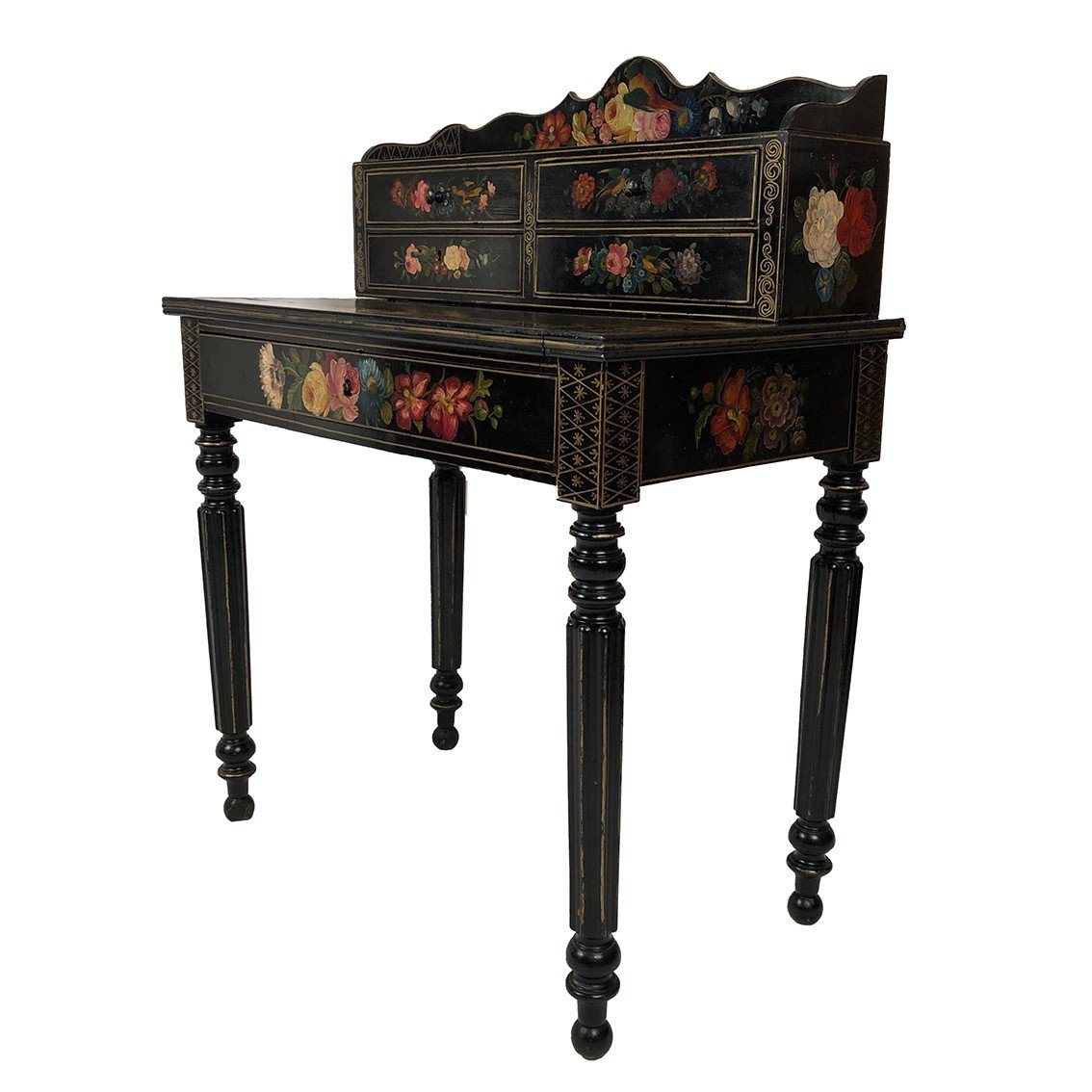 Bonheur Du Jour En Bois Laqué Noir à Riches Décors Peints De Fleurs Et D’oiseaux, Napoléon III-photo-4