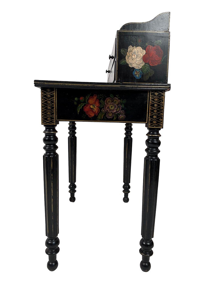 Bonheur Du Jour En Bois Laqué Noir à Riches Décors Peints De Fleurs Et D’oiseaux, Napoléon III-photo-5