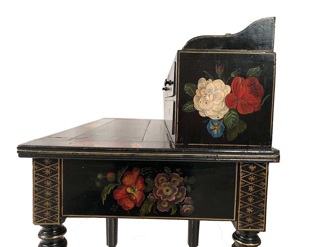 Bonheur Du Jour En Bois Laqué Noir à Riches Décors Peints De Fleurs Et D’oiseaux, Napoléon III-photo-6