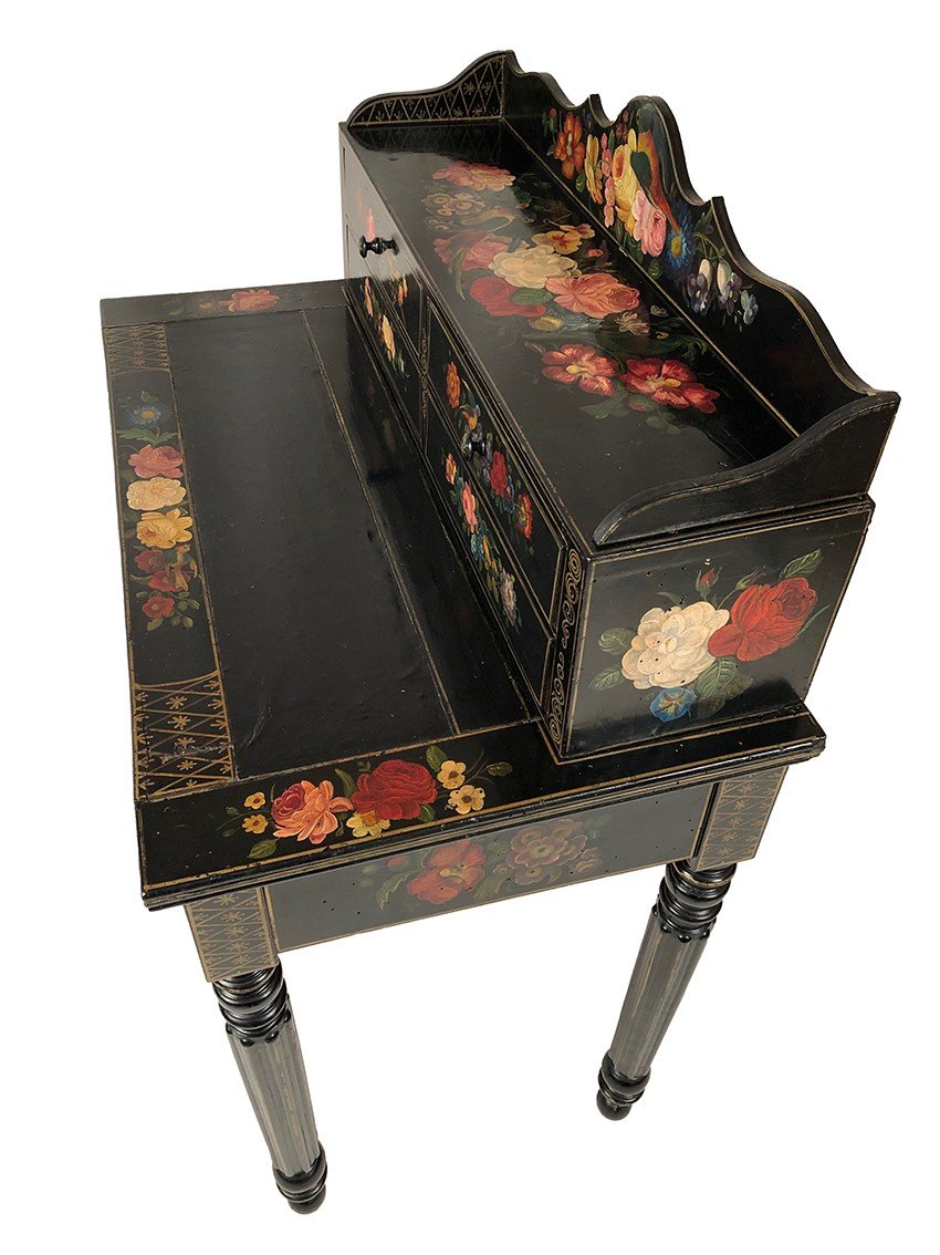 Bonheur Du Jour En Bois Laqué Noir à Riches Décors Peints De Fleurs Et D’oiseaux, Napoléon III-photo-7