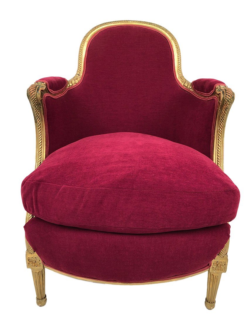 Bergère En Bois Doré Garnie De Soie Et Velours Fuchsia, Art Déco D’inspiration Louis XVI-photo-2