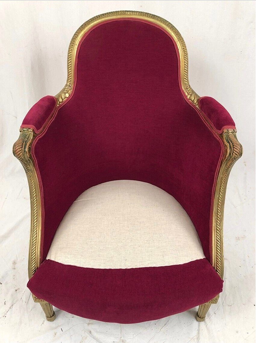 Bergère En Bois Doré Garnie De Soie Et Velours Fuchsia, Art Déco D’inspiration Louis XVI-photo-1