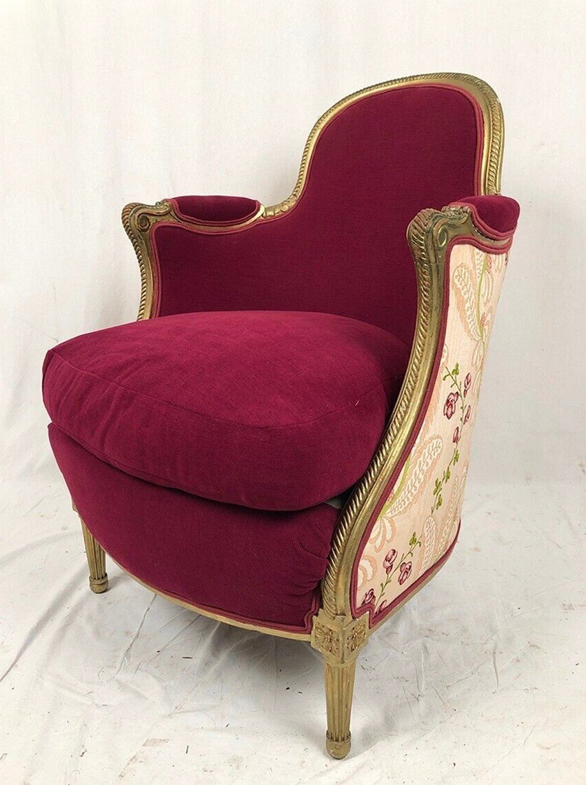 Bergère En Bois Doré Garnie De Soie Et Velours Fuchsia, Art Déco D’inspiration Louis XVI-photo-3