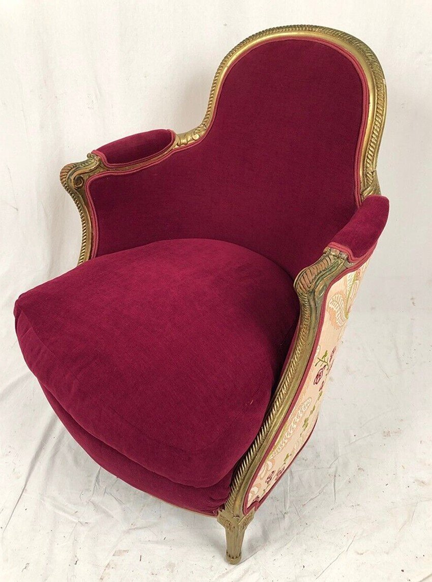 Bergère En Bois Doré Garnie De Soie Et Velours Fuchsia, Art Déco D’inspiration Louis XVI-photo-4