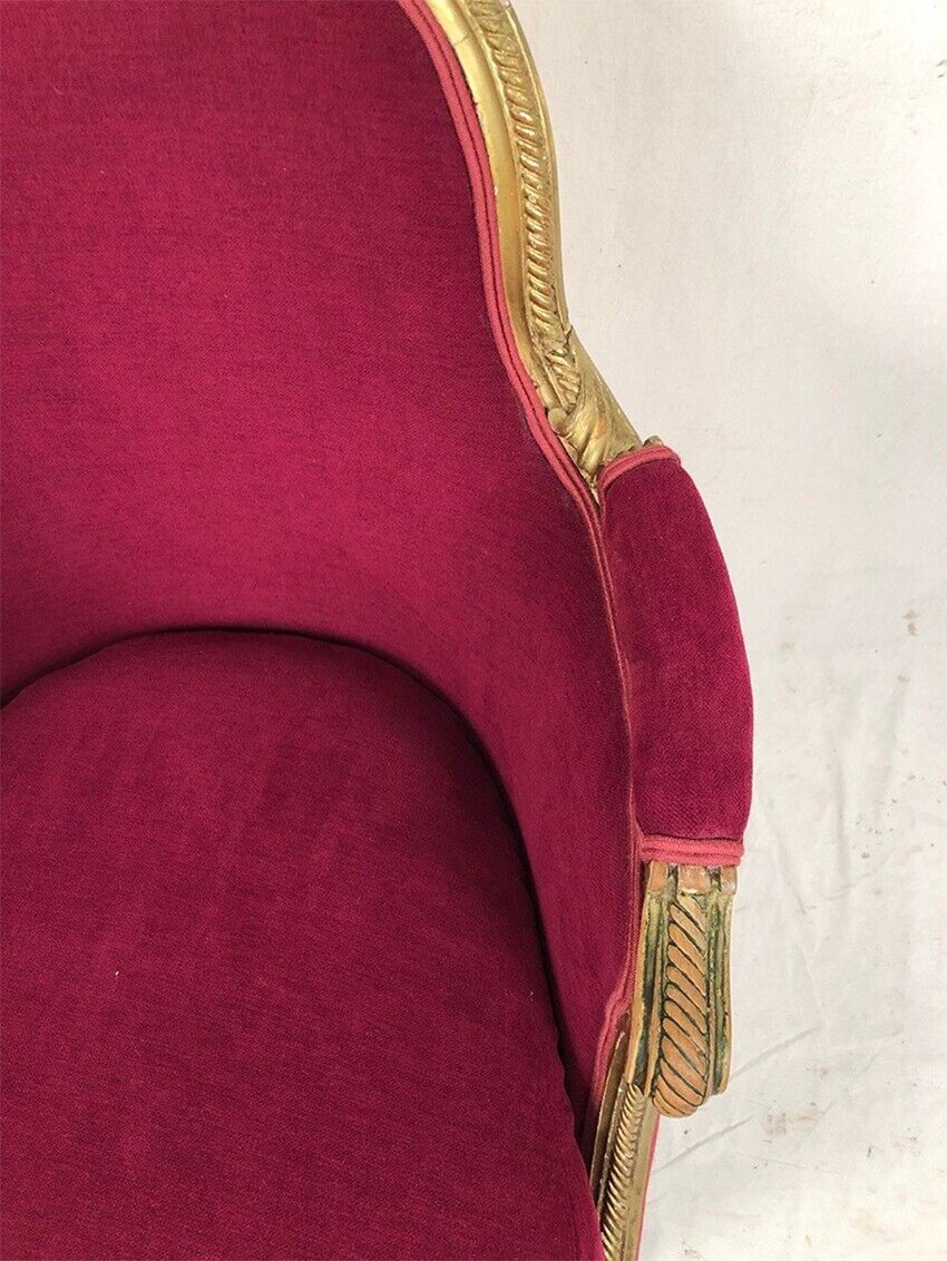 Bergère Armchair In Golden Wood Trimmed In Fuchsia Silk And Velvet, Art Deco Inspired Louis XVI-photo-8