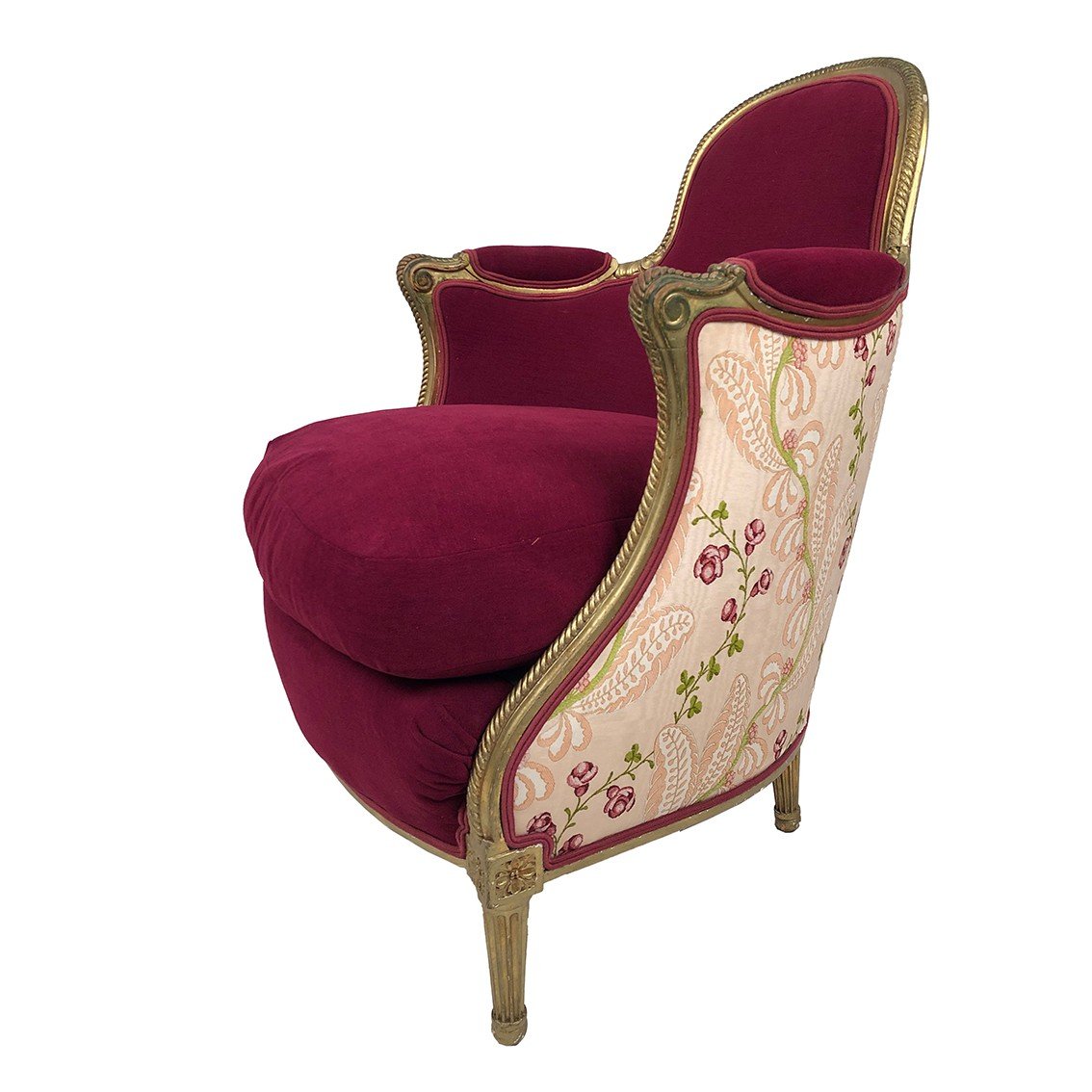 Bergère En Bois Doré Garnie De Soie Et Velours Fuchsia, Art Déco D’inspiration Louis XVI