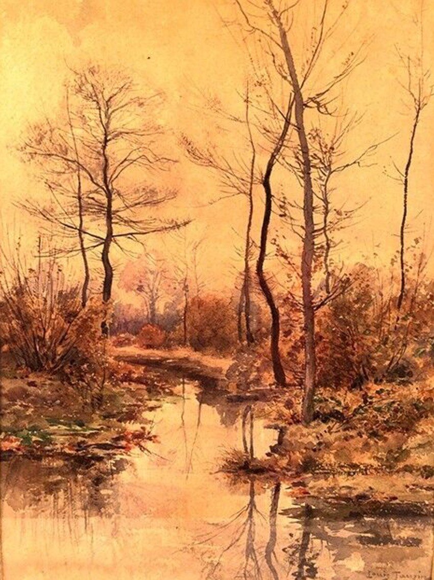 Louis Tauzin (1842-1915), “paysage à La Rivière” Aquarelle Signée Et Encadrée-photo-2