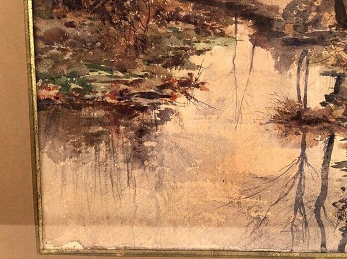 Louis Tauzin (1842-1915), “paysage à La Rivière” Aquarelle Signée Et Encadrée-photo-1