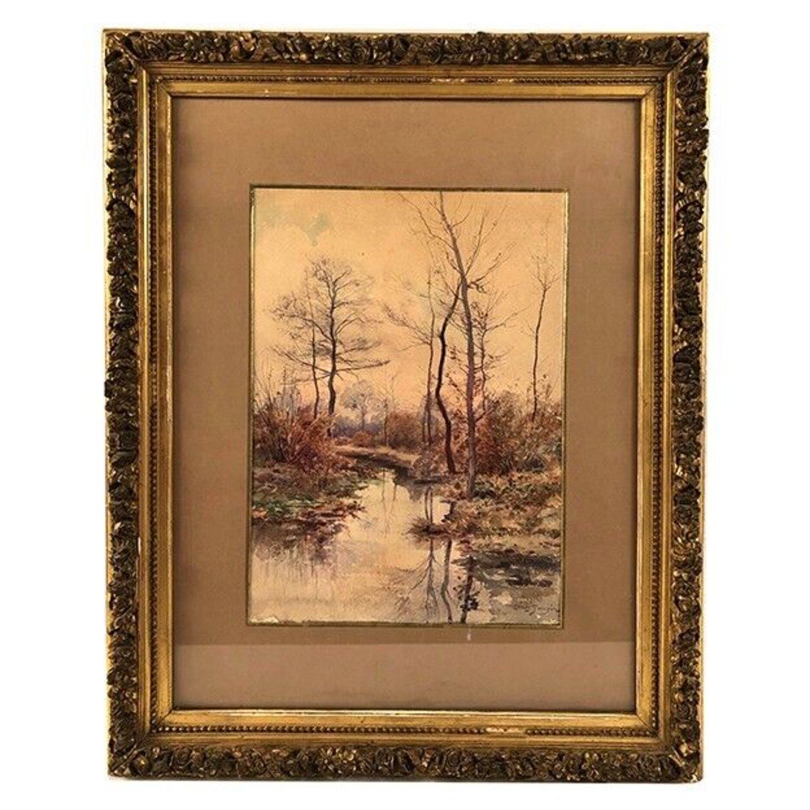 Louis Tauzin (1842-1915), “paysage à La Rivière” Aquarelle Signée Et Encadrée