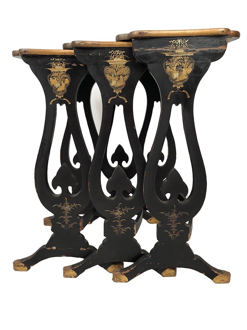 Suite Of Three Nesting Tables In Black Lacquered Wood With Asian Decors, Napoleon III-photo-3