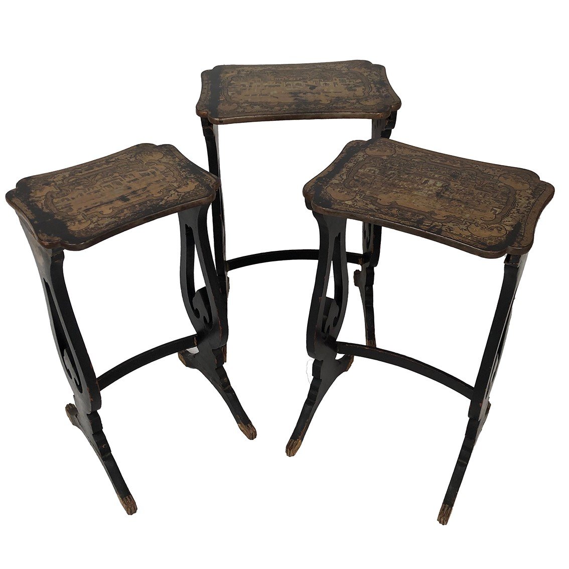 Suite Of Three Nesting Tables In Black Lacquered Wood With Asian Decors, Napoleon III-photo-4
