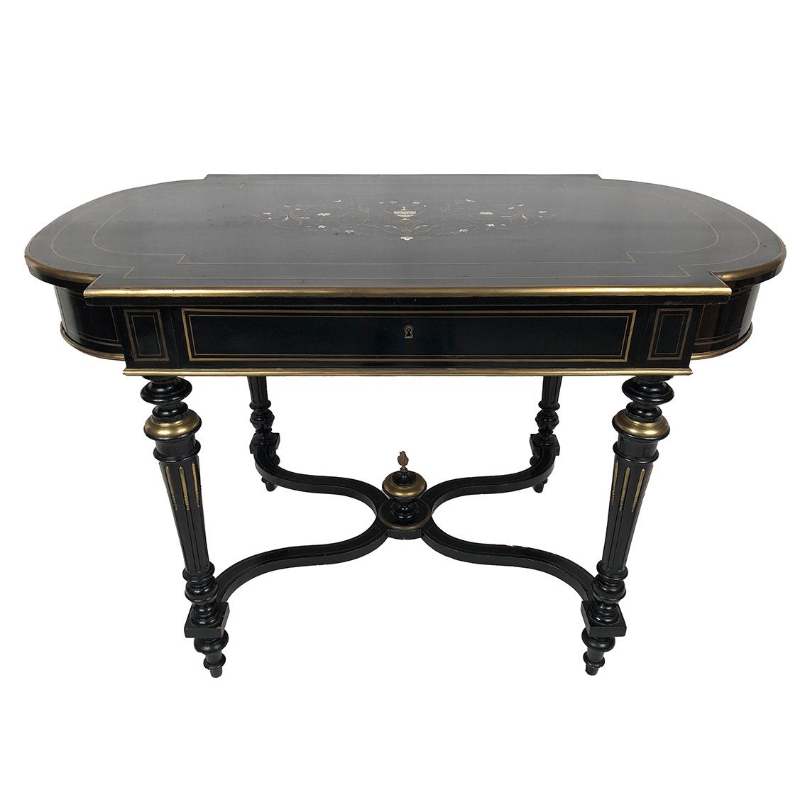 Black Lacquered Wood Table With Brass Inlaid Central Decor, Napoleon III-photo-2
