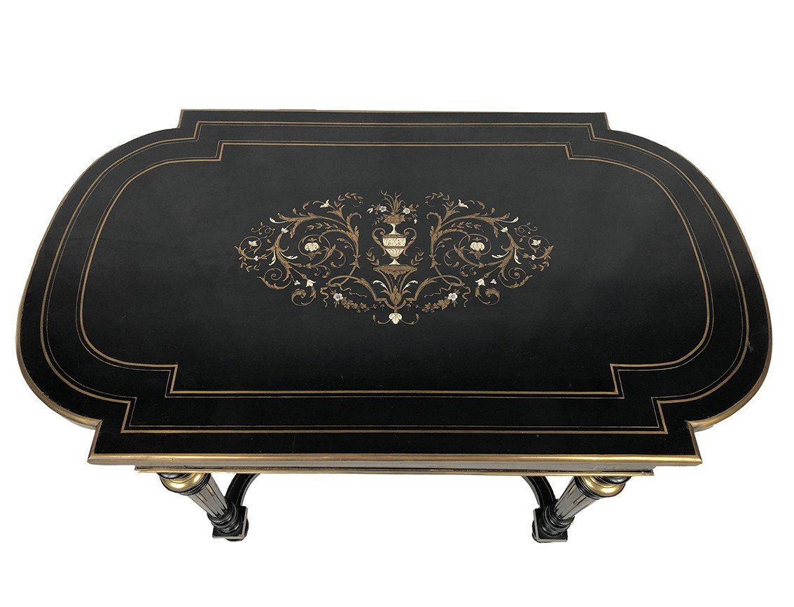 Black Lacquered Wood Table With Brass Inlaid Central Decor, Napoleon III-photo-4