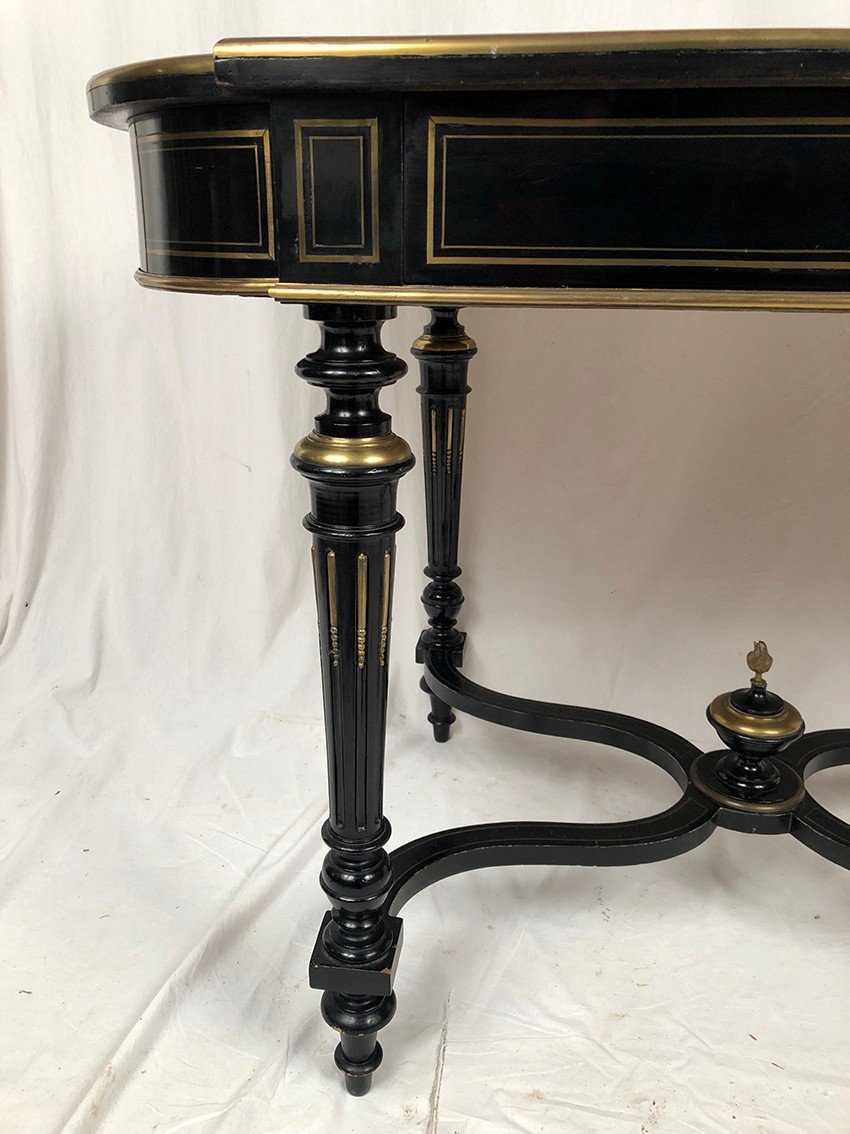 Black Lacquered Wood Table With Brass Inlaid Central Decor, Napoleon III-photo-2