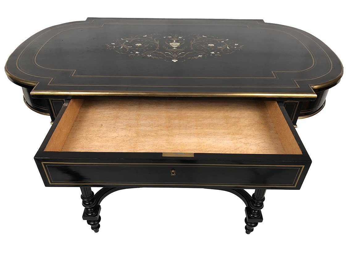 Black Lacquered Wood Table With Brass Inlaid Central Decor, Napoleon III-photo-5