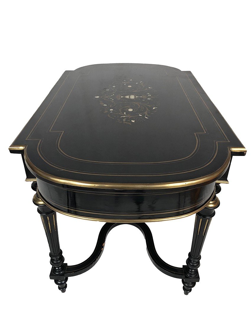 Black Lacquered Wood Table With Brass Inlaid Central Decor, Napoleon III-photo-6