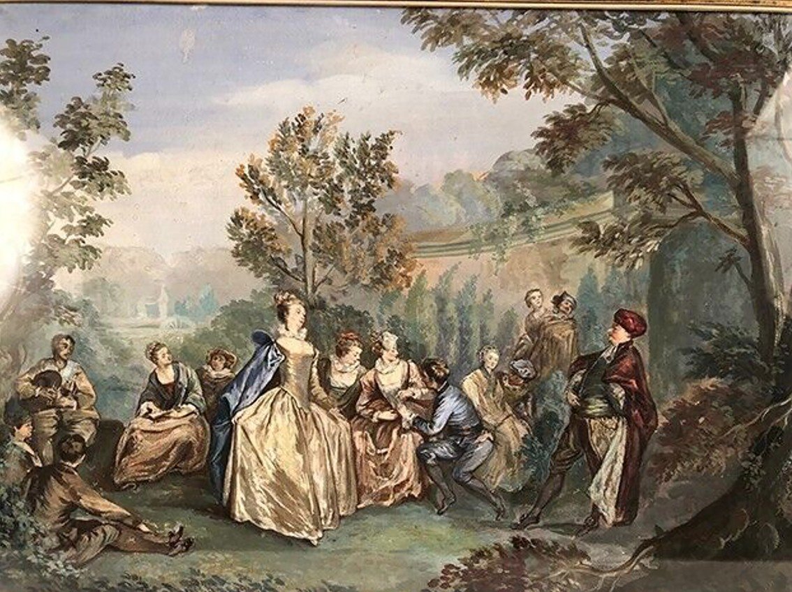 Fête Dans Le Jardin, Aquarelle Encadrée Fin XIXe-photo-2