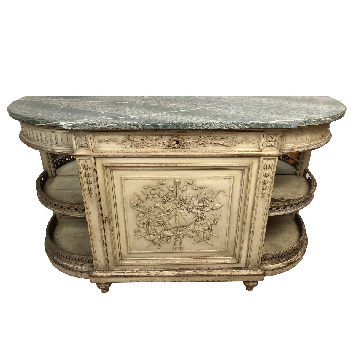 Louis XVI Style Half-moon Low Buffet In Gray Lacquered Wood And Marble Top-photo-2