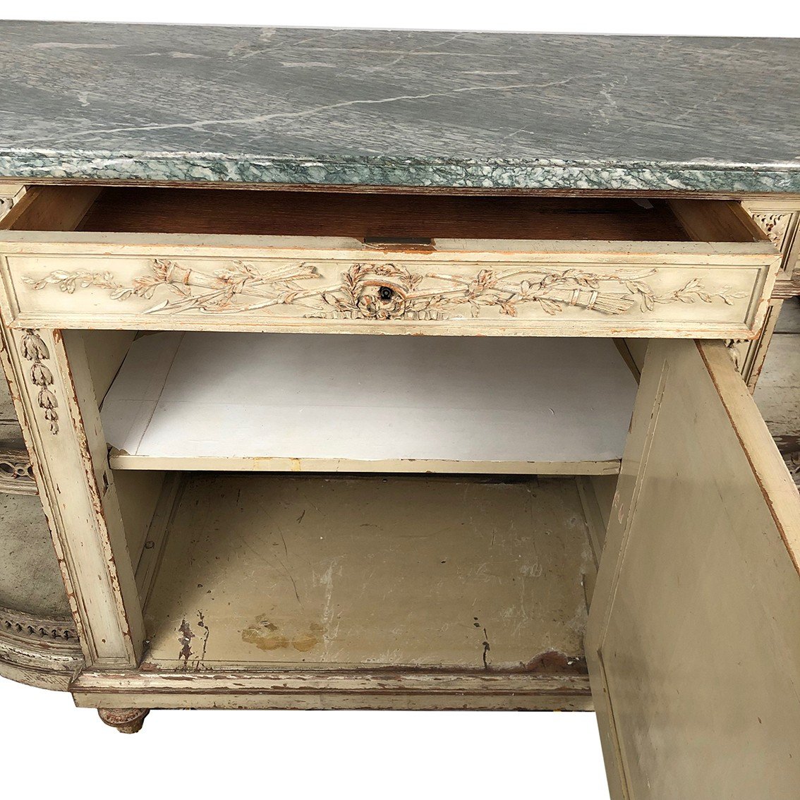 Louis XVI Style Half-moon Low Buffet In Gray Lacquered Wood And Marble Top-photo-6