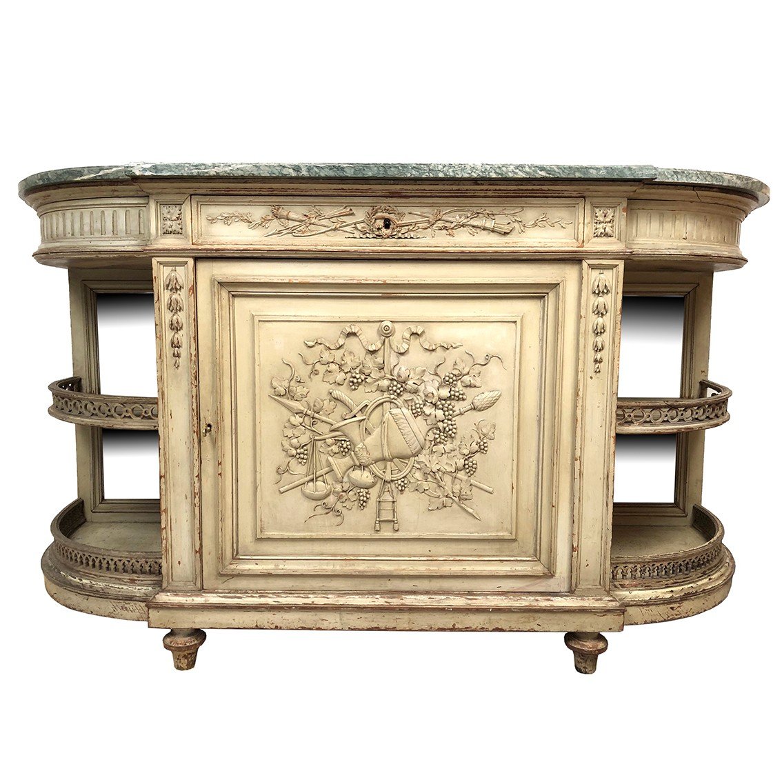 Louis XVI Style Half-moon Low Buffet In Gray Lacquered Wood And Marble Top