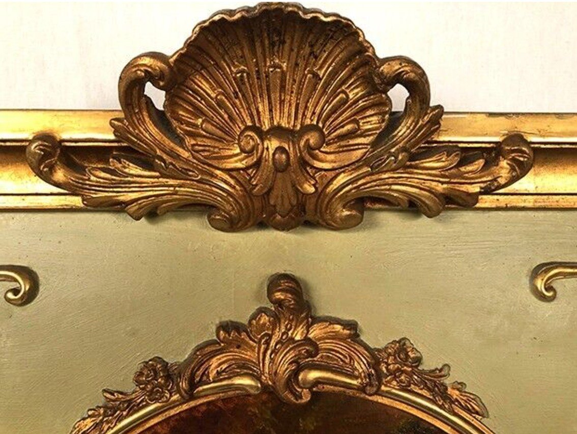 Grand Trumeau De Style Louis XVI, Bois Laqué Vert, Dorure Début XXe-photo-1