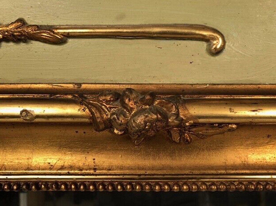 Grand Trumeau De Style Louis XVI, Bois Laqué Vert, Dorure Début XXe-photo-2
