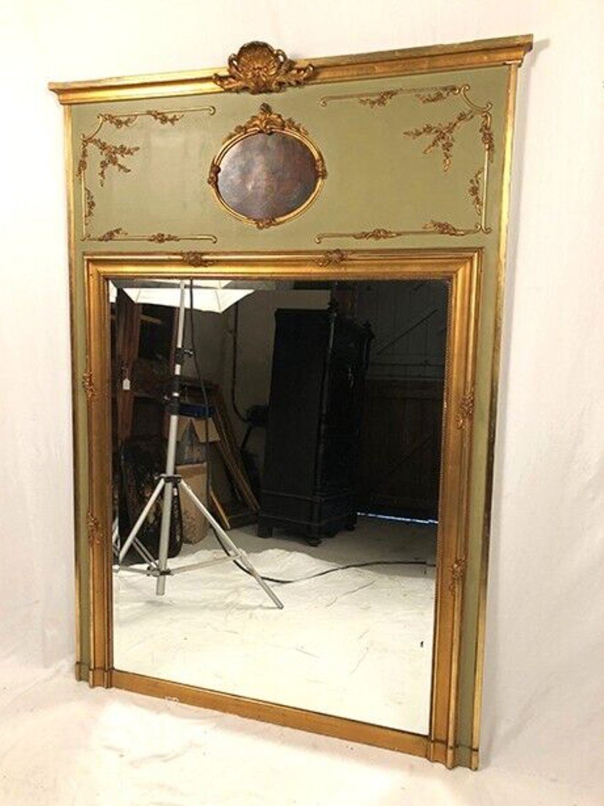 Grand Trumeau De Style Louis XVI, Bois Laqué Vert, Dorure Début XXe-photo-4