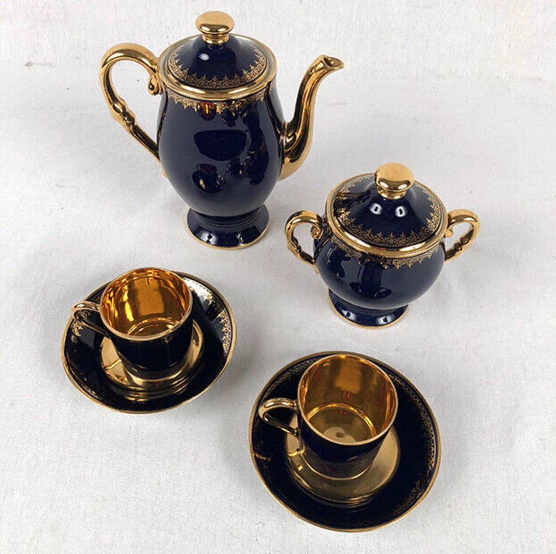 Service à Café, Porcelaine Limoges Goumont Labesse, Bleu De Four Et Or-photo-2