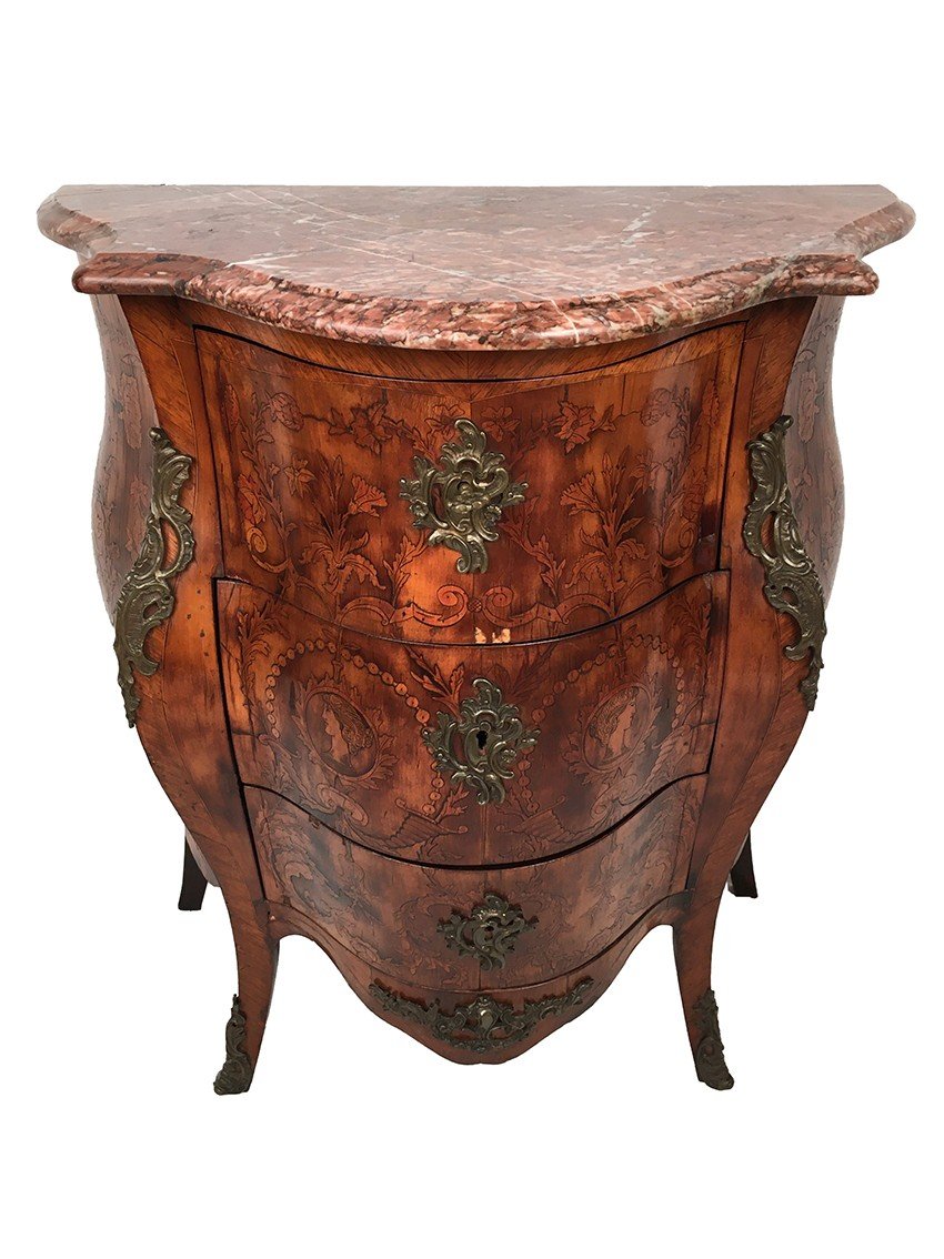 Louis XV Style Chest Of Drawers, Richly Inlaid, Moved Front And Side. 19th Century-photo-2