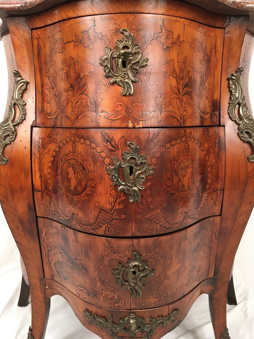 Louis XV Style Chest Of Drawers, Richly Inlaid, Moved Front And Side. 19th Century-photo-3