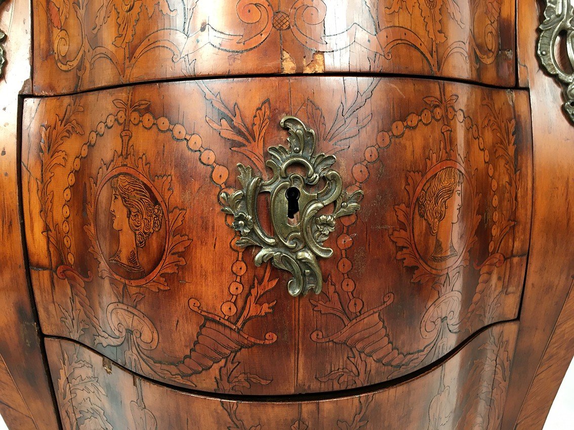 Louis XV Style Chest Of Drawers, Richly Inlaid, Moved Front And Side. 19th Century-photo-4