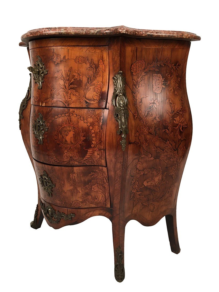 Louis XV Style Chest Of Drawers, Richly Inlaid, Moved Front And Side. 19th Century-photo-5