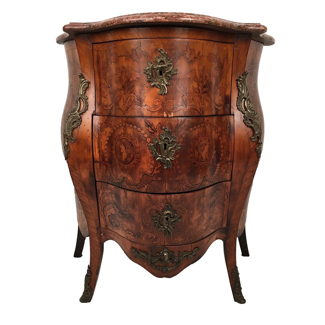 Louis XV Style Chest Of Drawers, Richly Inlaid, Moved Front And Side. 19th Century