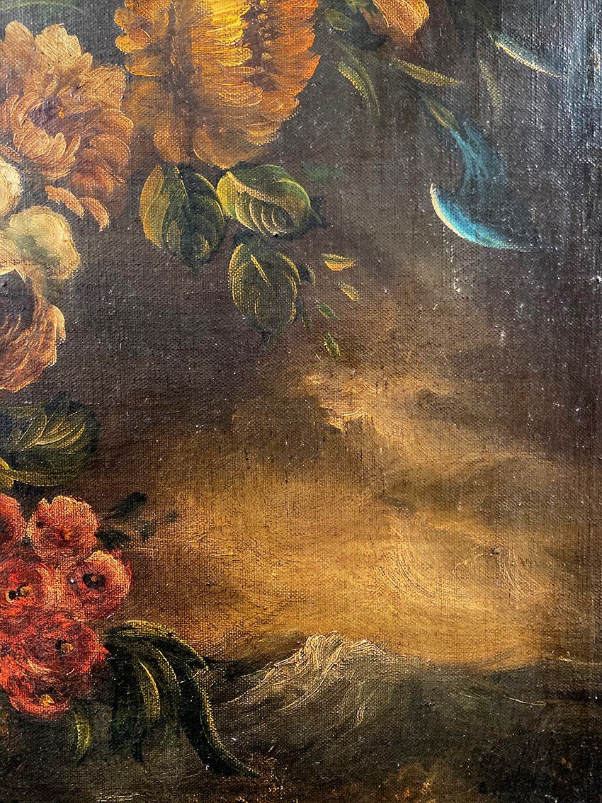 Ecole Hollandaise XIXe, Huile Sur Toile. “bouquet De Fleurs Sur Un Entablement”.-photo-4