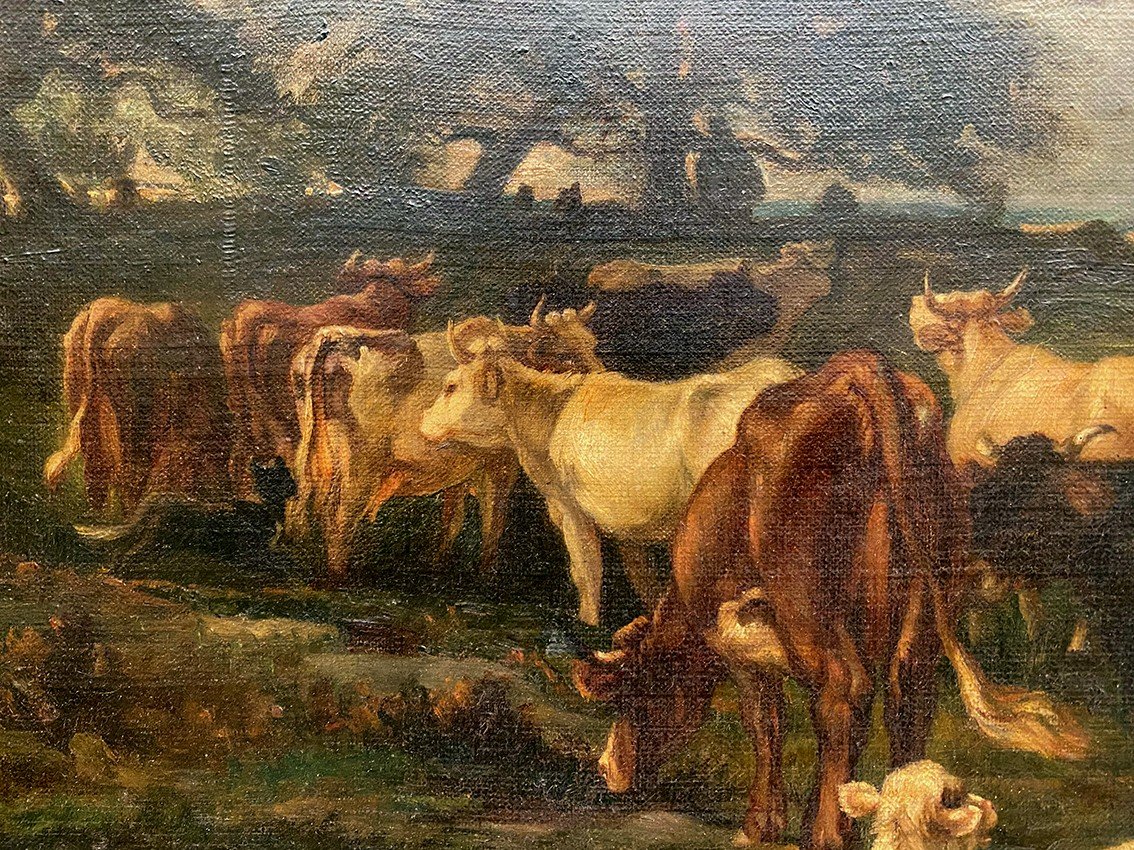 According To Emile Van Marcke De Lummen (1827-1890) “the Return Of The Herd”. Oil On Canvas-photo-2