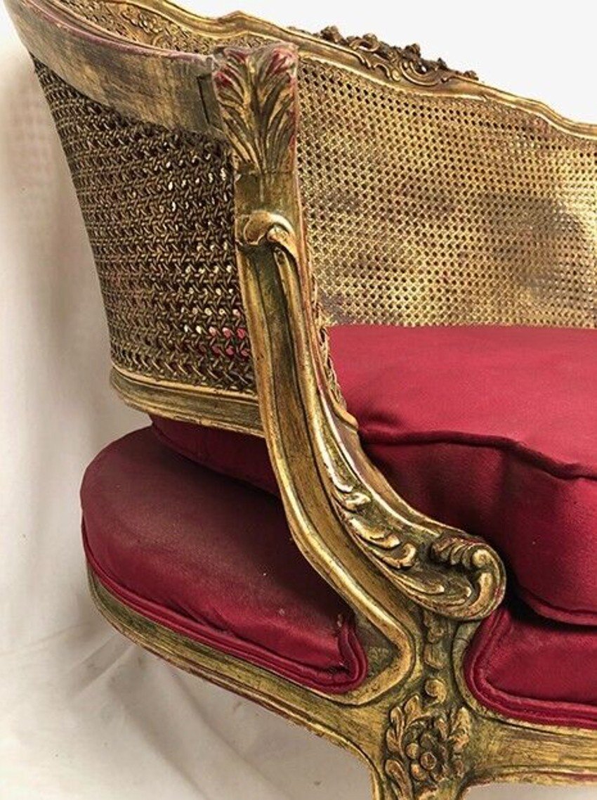 Small Louis XV Style Basket Sofa, Golden Wood And Double Cannage-photo-4