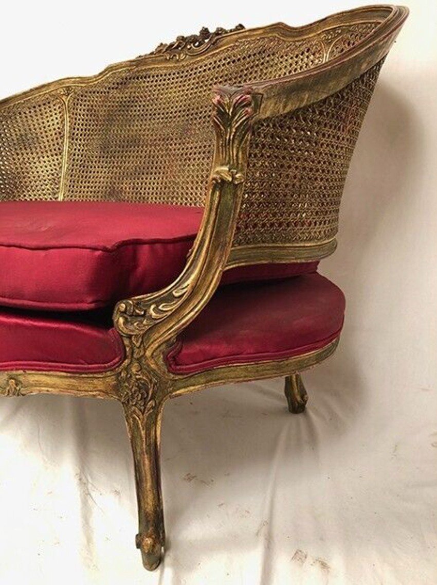 Small Louis XV Style Basket Sofa, Golden Wood And Double Cannage-photo-1
