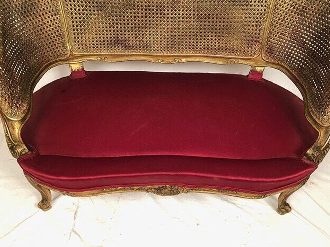 Small Louis XV Style Basket Sofa, Golden Wood And Double Cannage-photo-4