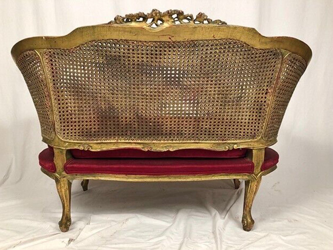 Small Louis XV Style Basket Sofa, Golden Wood And Double Cannage-photo-7
