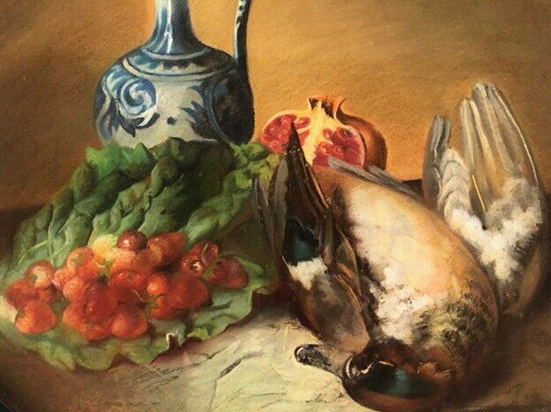 Pair Of Large Oval-shaped Pastels, Still Lifes With Game. 19th Century-photo-4
