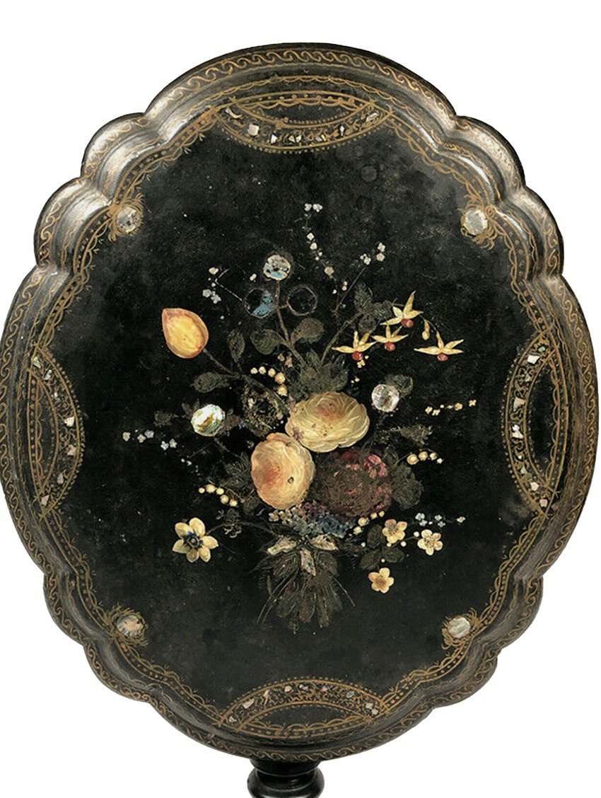 Napoleon III Tilting Pedestal Table With Flower Decor And Mother-of-pearl Burgundy-photo-2