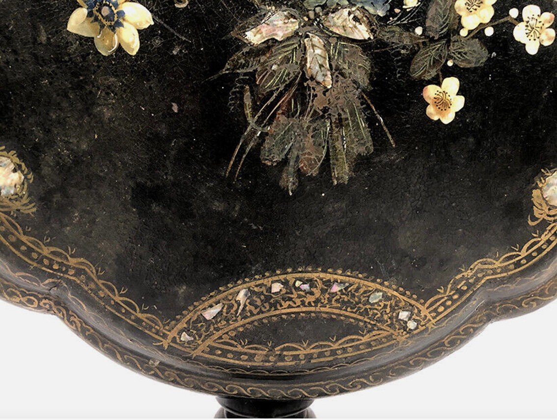 Napoleon III Tilting Pedestal Table With Flower Decor And Mother-of-pearl Burgundy-photo-2